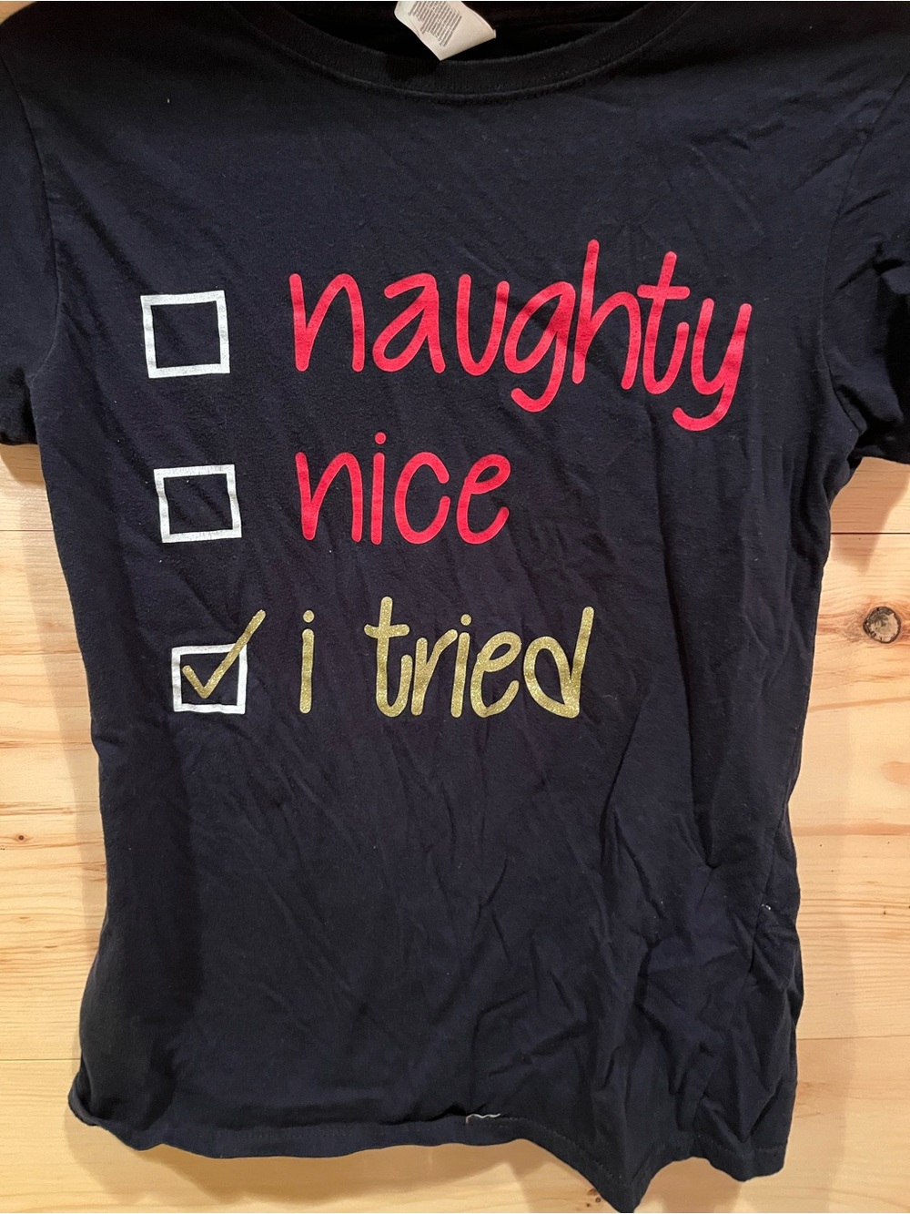 Gildan Christmas Black Short Sleeve Tee with Red & Gold Holiday Checklist